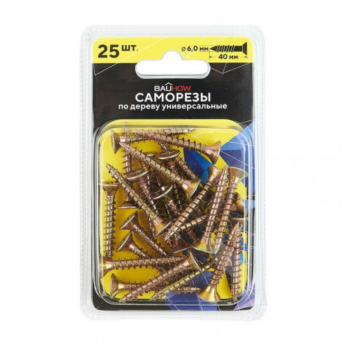 Саморез (шуруп) 6*40мм универсальный желтый с потайной головкой, Bauhow 25шт