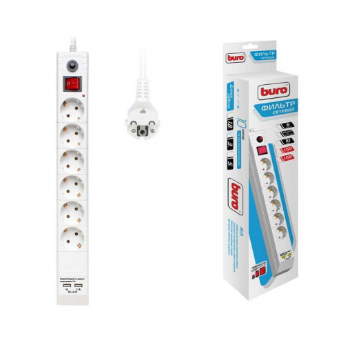 Удлинитель 6х3м с заземлением, USB 10А IP20 BURO