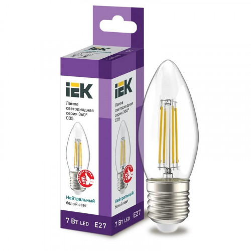 Лампа светодиодная филаментная C35 свечеобразная 7Вт 230В E27 4000К, LLF-C35-7-230-40-E27-CL IEK