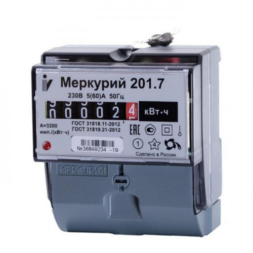 Счетчик однотарифный Меркурий 201.7, 1ф, 5-60А, класс точности 1.0, Инкотекс
